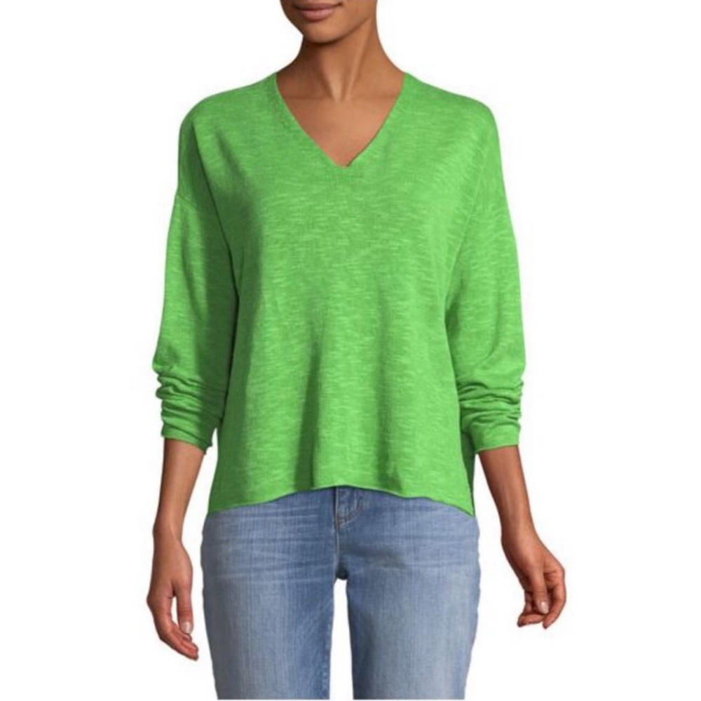 Eileen Fisher Linen Top V-Neck Long Sleeve Knit Classic Pullover Green Sz Small - Picture 2 of 7